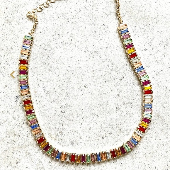 Gold Baguette Multicolor Rhinestone Choker Necklace Earrings Bracelet Set - Picture 10 of 12